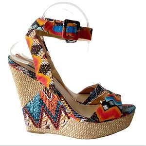 BCBGeneration Raquel Platform, Tribal Tapestry Ankle-Wrap Strap Wedge Heel 8.5